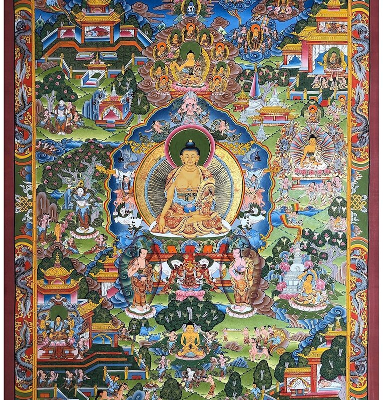 Life of Buddha thangka painted with 24K gold and natural pigments