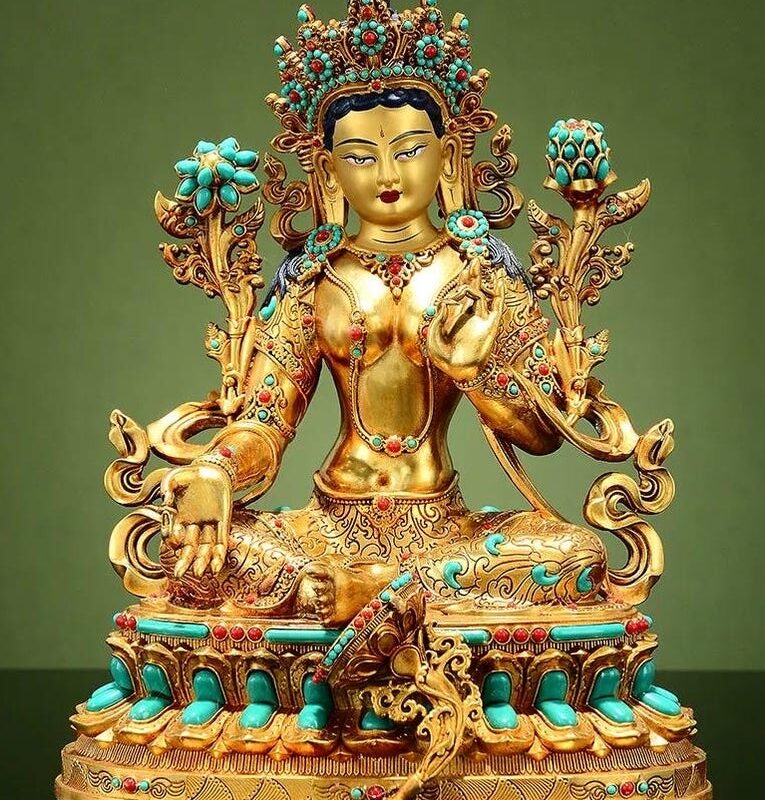 Gilded copper Green Tara statue with gem inlay