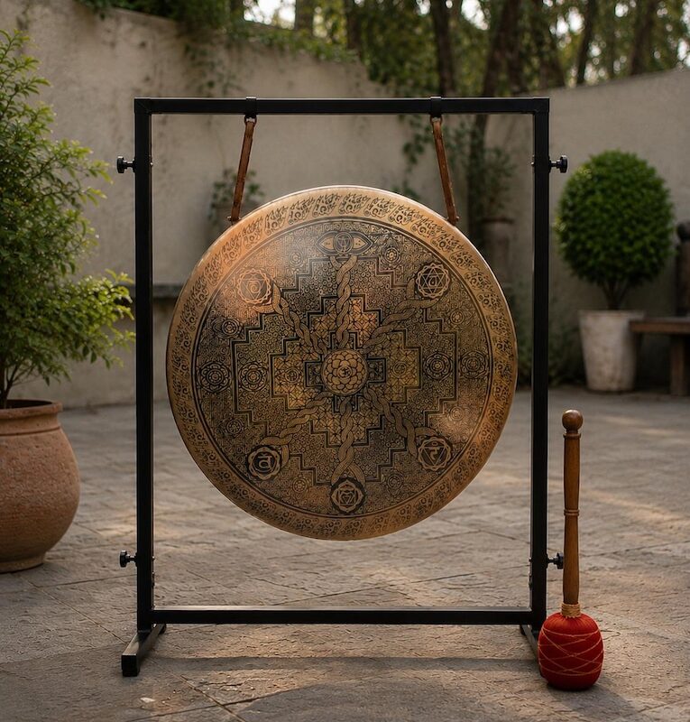 Hand-hammered bronze meditation gong with stand